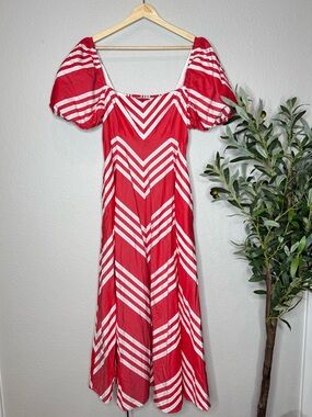 Hill House Red Stripe Puff Sleeve Midi Dress Smocked Back Cottagecore Nap Dress